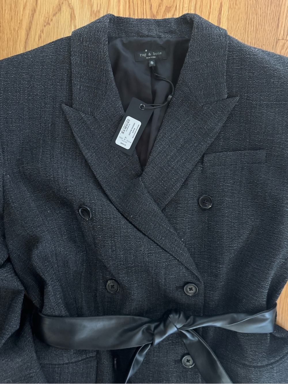 rag & bone Black Double-Breasted Blazer with Faux Leather Tie Belt